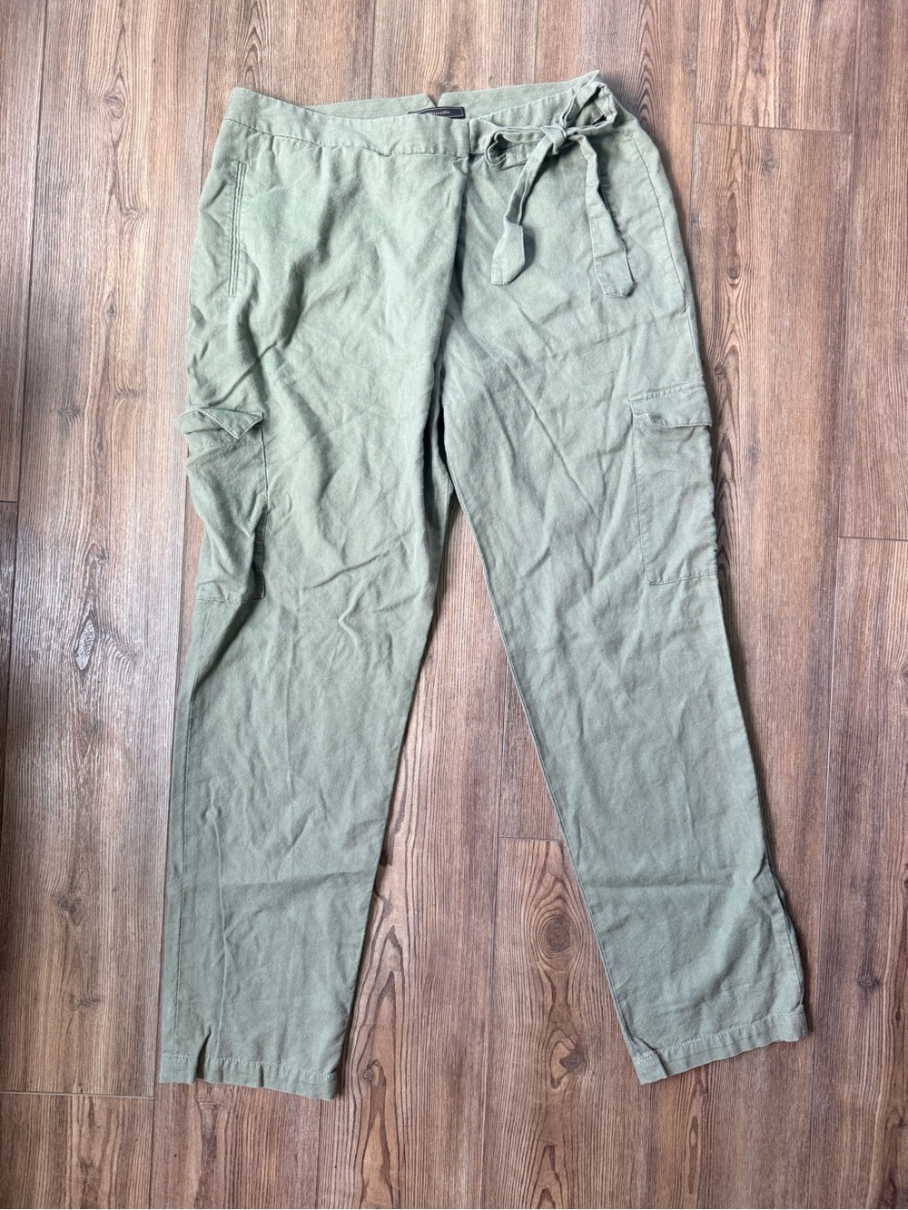 BCBGMaxAzria Olive Green Cargo Tie-Waist Linen Blend Pants